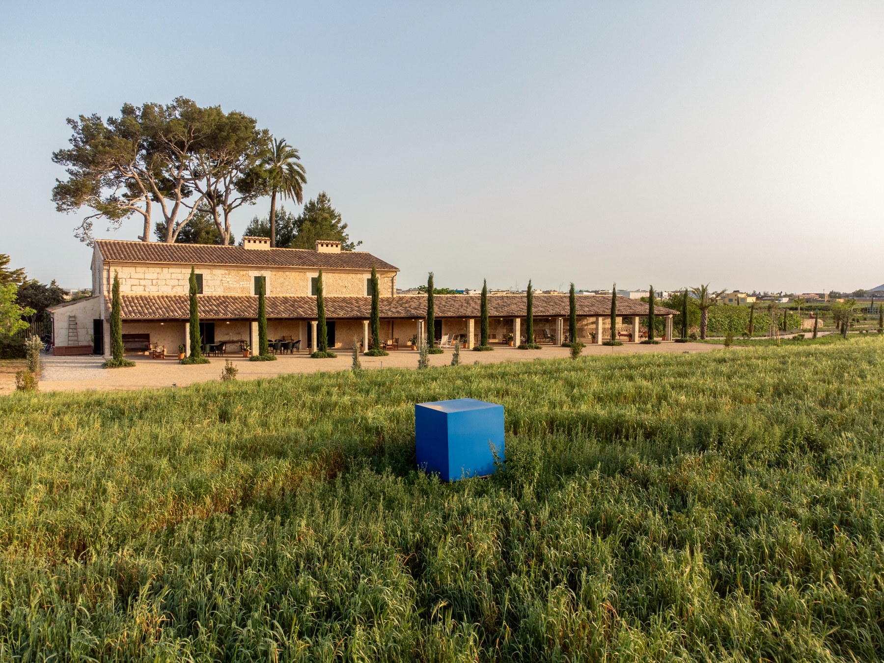 Son Tut — the finca seen across the field, with a blue cube standing in the grass